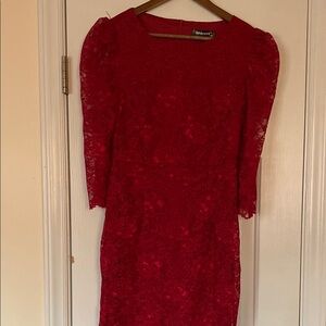 Elegant Red Lace Sheath Dress with Puff Sleeves‎